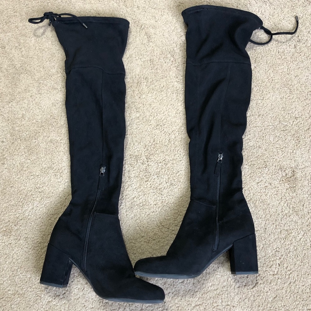 Franco Sarto Black Suede Over the Knee Block Heel Boots Size 7.5